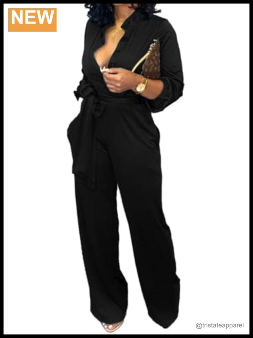 Women's V Neck Long Sleeve Wide Leg Jumpsuit with Belt